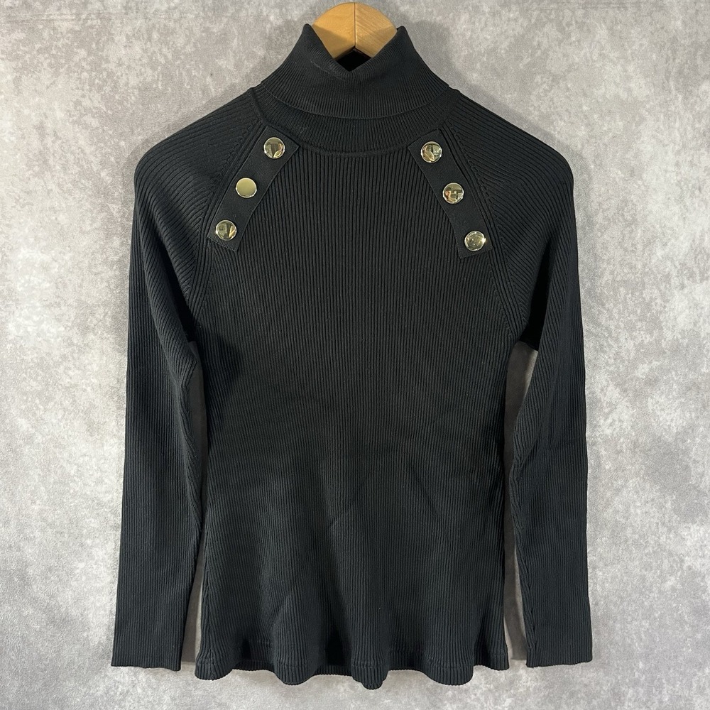 Zara Sweater Women Large Black Ribbed Turtleneck Gold Shoulder Button Knit Top